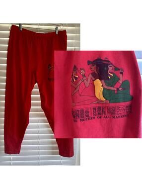 Red Graphic Sweatpants with 'The Mother of All Mankind' Design Size L